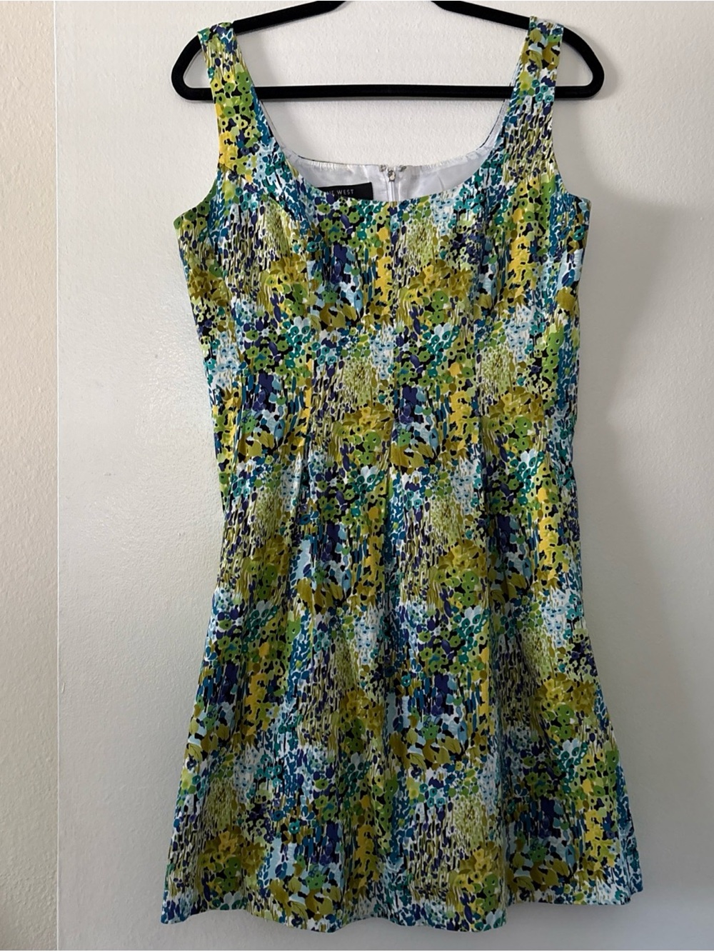 Green and Blue Floral Scoop Neck Mini Dress